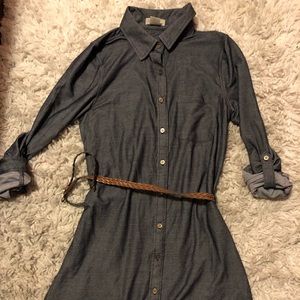 Dark blue dress with belt.